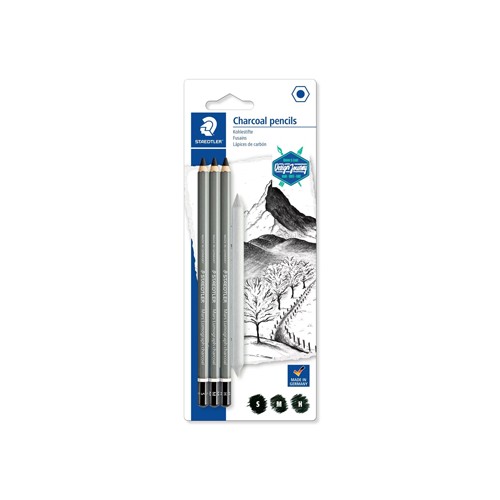 Lápis Carvão 100C STAEDTLER Charcoal + Esfuminho 3un