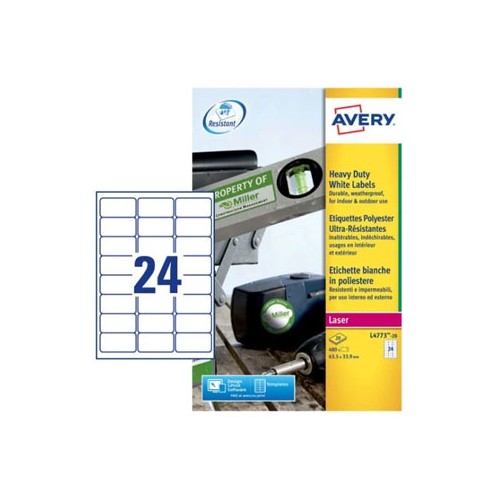 Etiquetas Resistentes 63,5x33,9mm Avery 20 Folhas - 480 unidades