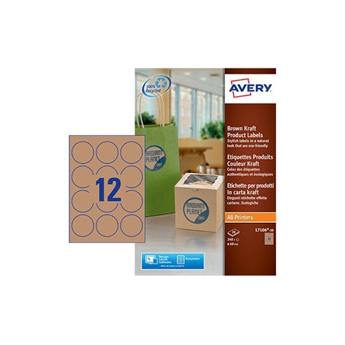 Etiquetas Redondas Kraft 60mm Avery 20 Folhas Castanho 240 unidades